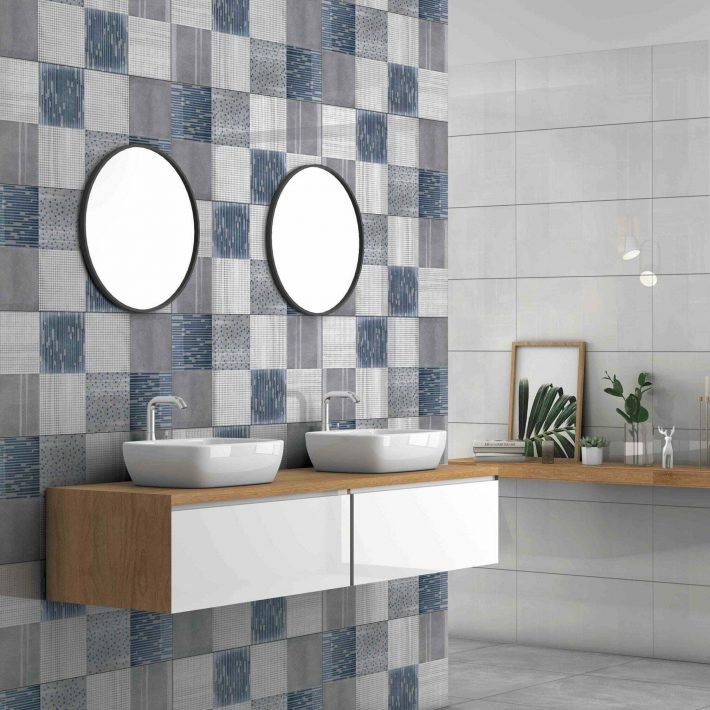 White bathroom interior with reflection, an oval tub, a double sink and two round mirrors. 3d rendering mock up