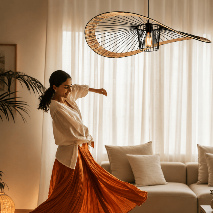 Caneopy 1 - Contemporary 34 Inch Bohemian-Style Cane & Steel Single-Light Ceiling Hanging